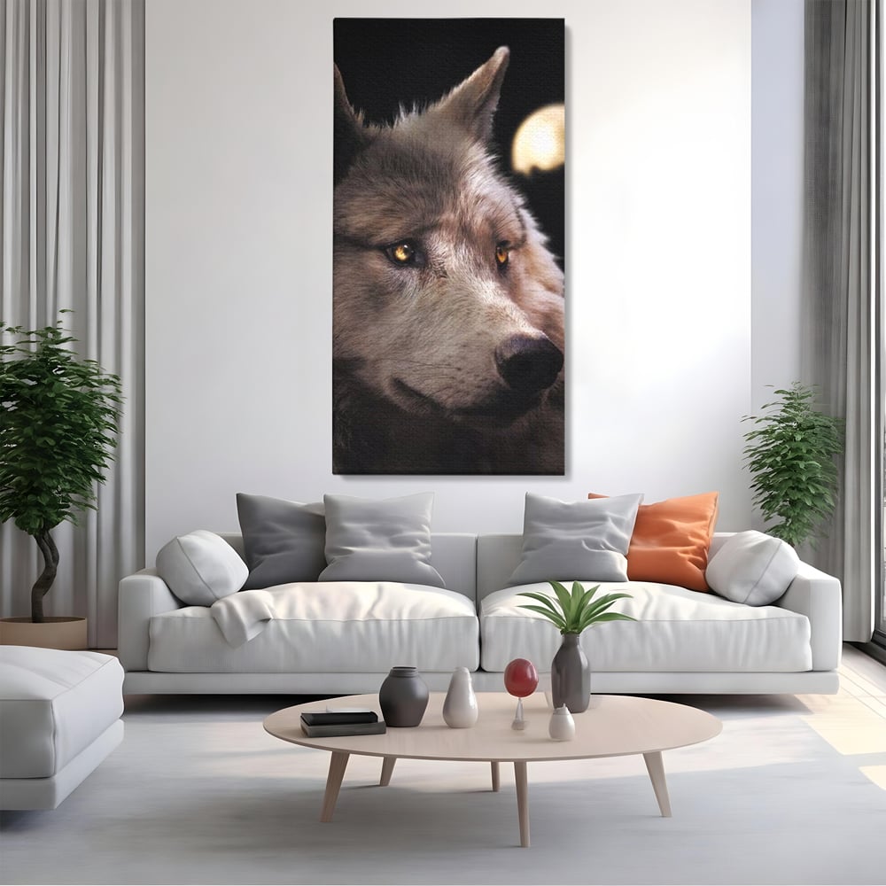 Tablou canvas cu tablou canvas cu cap de lup, fara rama, pe sasiu de lemn, pe perete intr-un living